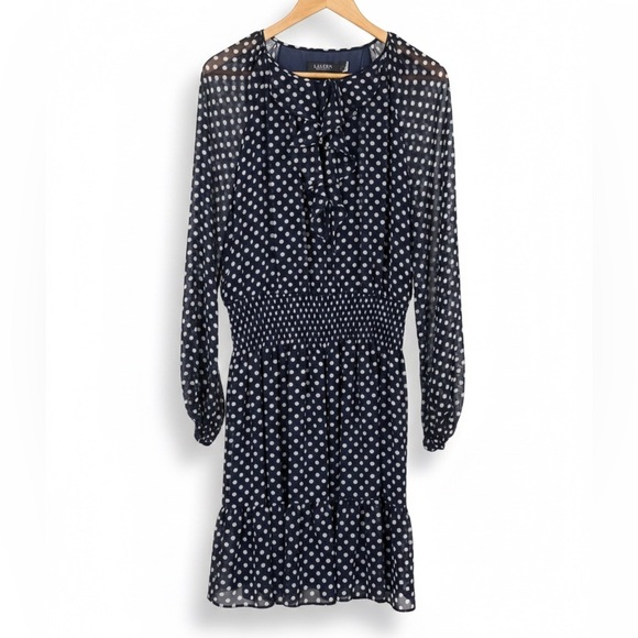 Lauren Ralph Lauren Dresses & Skirts - Lauren Ralph Lauren Polka Dot Chiffon Midi Dress Smocked Waist Navy Size 12